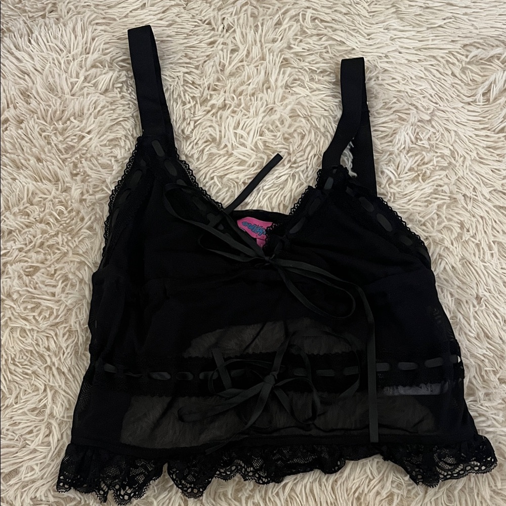 Edikted Black Lace-Trim Sheer Tank Top